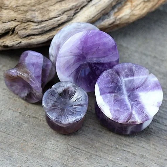 Stone Ear Plug - Amethyst Carved Hibiscus Flower Double Flare Flesh Tunnel Expander Stretcher Organic Gauge Earring 6mm 8mm 10mm 12mm