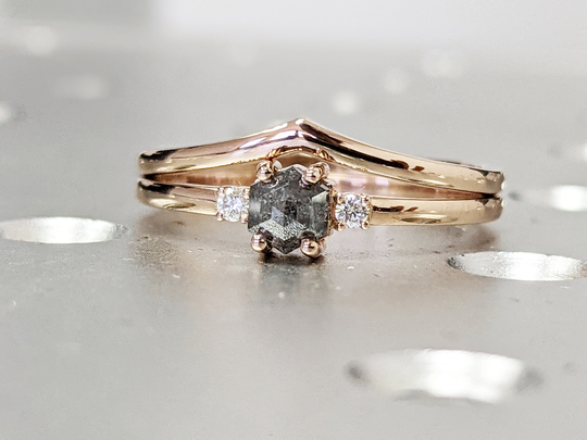 Raw Diamond, Salt & Pepper, Hexagon, Unique Engagement Ring, Rose Cut Geometric Diamond 14K Gold, Custom Handmade