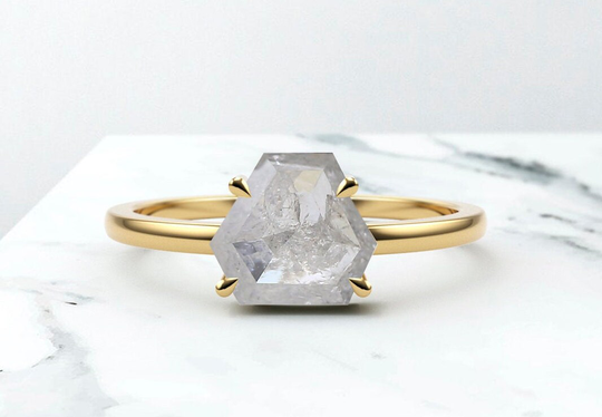 Natural Handmade 0.76 Carat Gray Stone Pentagon Shape Diamond, Salt & Pepper Ring in 14K White, Yellow & Rose Gold