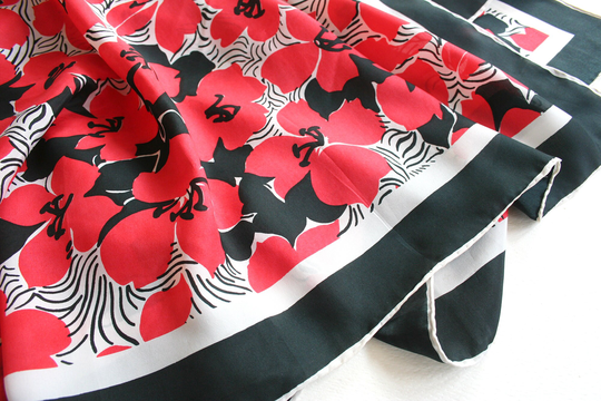 Fantastic Oversized Mod Silk Or Blend Scarf. Floral, Graphic, Op Art Scarf, Large, Red, White, Black, Intense, Hibiscus, Hand Rolled