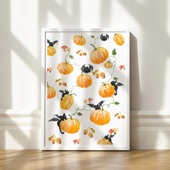 Pumpkin Art, Cats & Pumpkins Black Bat Cats, Autumn Fall Halloween Decor, Pumpkins Fall Season Print, Orange