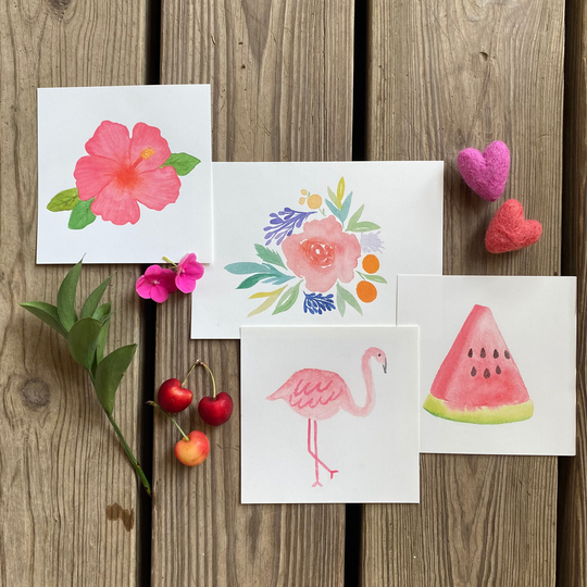 Sale Summer Prints Set | Flamingo Watercolor Watermelon Painting Hibiscus Art Floral Print Fourth Of July Artwork Hello
