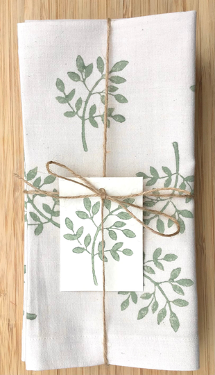 Set Of Four Napkins/ Organic Cotton/ Hand Printed Leaf Design/Heavy Weight House Warming/Birthday Gift