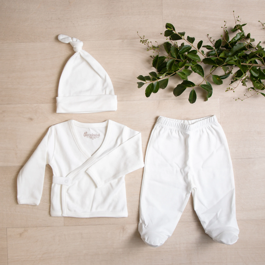 Hello Baby Organic Cotton Coming Home Outfit Baby Gift New Born Set. Kimono Set Has Baby Hat, Kimono Top, Pants Pima Cotton