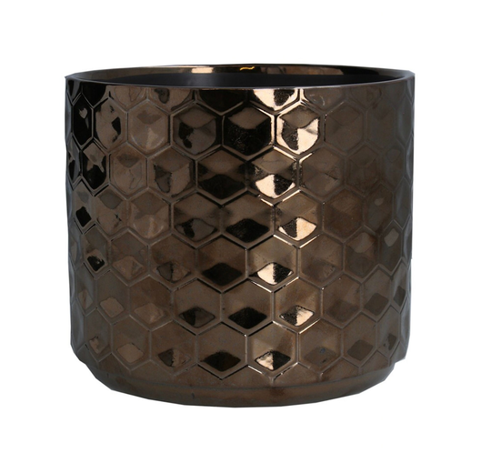 Copper Honeycomb Glazed Ceramic House Plant Pot Cover, Geometric Design, Indoor Succulent Planter - 3 Sizes Gold Bronze Pot