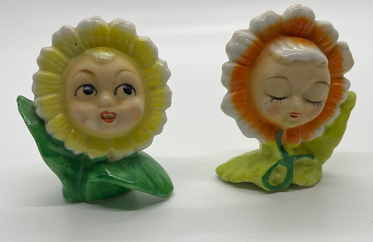 Vintage Anthropomorphic Flower Face Girl & Boy Salt Pepper Shakers Orange Yellow Japan