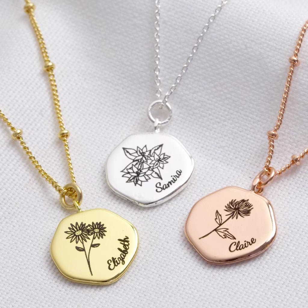 Personalised Birth Flower Organic Shape Charm Necklace - Silver Gold Rose Engraved Birthday