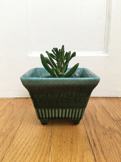 Vintage Hull Usa A2 Planter-Teal Green Turquoise Drip Glaze -Usa Art Pottery - Mid Century Square Ceramic Planter Footed Succulent