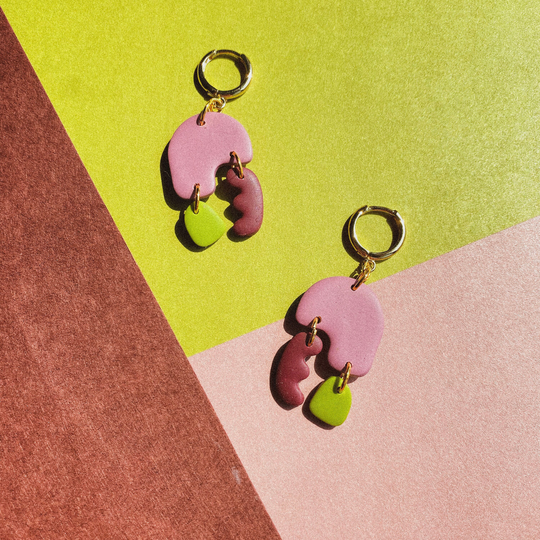 Retro Romance, Organic Shapes, Polymer Clay Earrings, Green, Rose, Burgundy Gold Huggie Hoops | Jewelry