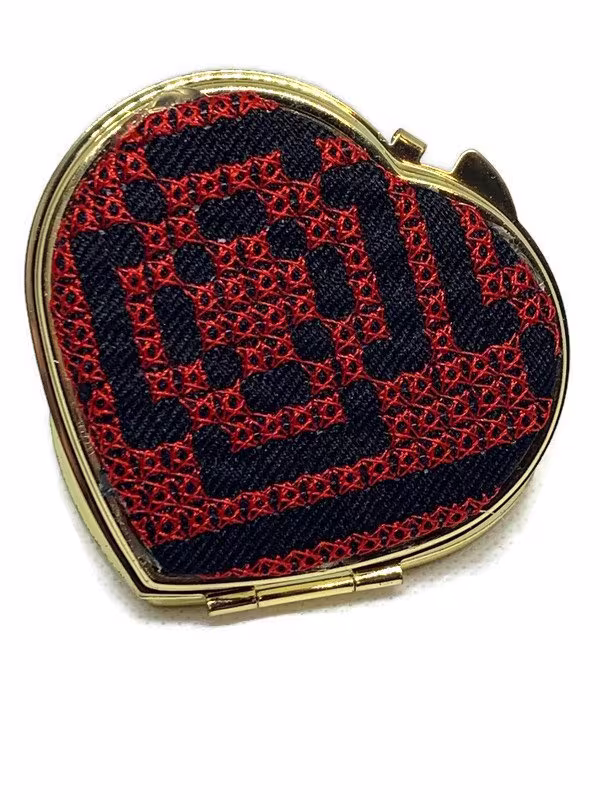 Jordanian Tatreez Cross Stitch Embroidery Heart Compact Pocket Mirror Great For Wedding Party, Corporate Gifts & Party Favors