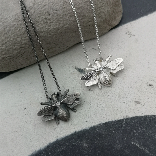 Diamond Bee Necklace/Queen Necklace Sterling Silver Pendant Handmade Charm Salt & Pepper