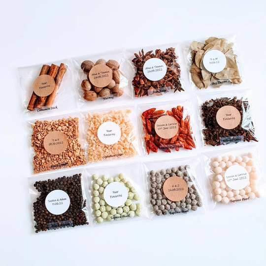 Personalised Spices in Cellophane Bag. With Stickers. Wedding Favours. Thank You Gift. Teacher Gift