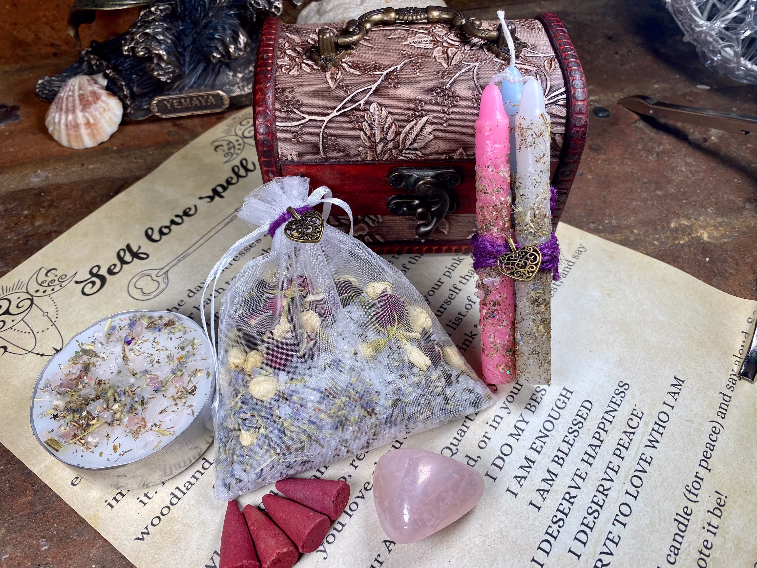 Self Love Spell Kit | Spell Chest Witchcraft Wiccan Pagan Incense Candles Scroll Herbs Crystals