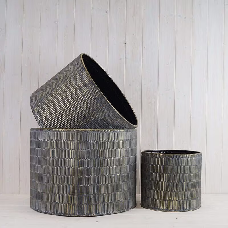 3 Set Large Grey Gold Ribbed Metal House Plant Flower Garden Pot Planter