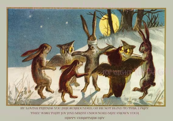 Antique Victorian Illustration Of Rabbits & Owls Christmas Season Winter Solstice Holiday 5x7 Greeting Card