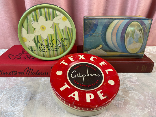 Vintage Tins - Texcel Tape Tin, Lillian Clare Chocolates Tin & Narcisse Dusting Powder With Puff, Vanity, Beauty, Advertising