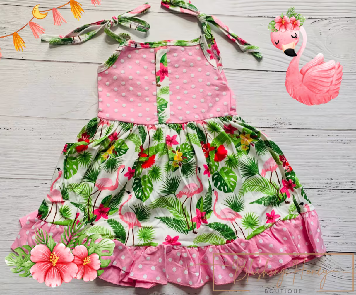Milk Silk Pink Flamingo Ruffle Dress With Tie Straps, Girls Polka Dot, Birds Summer, Spring, Cruise Ships in 24 Hours Comfortable Soft
