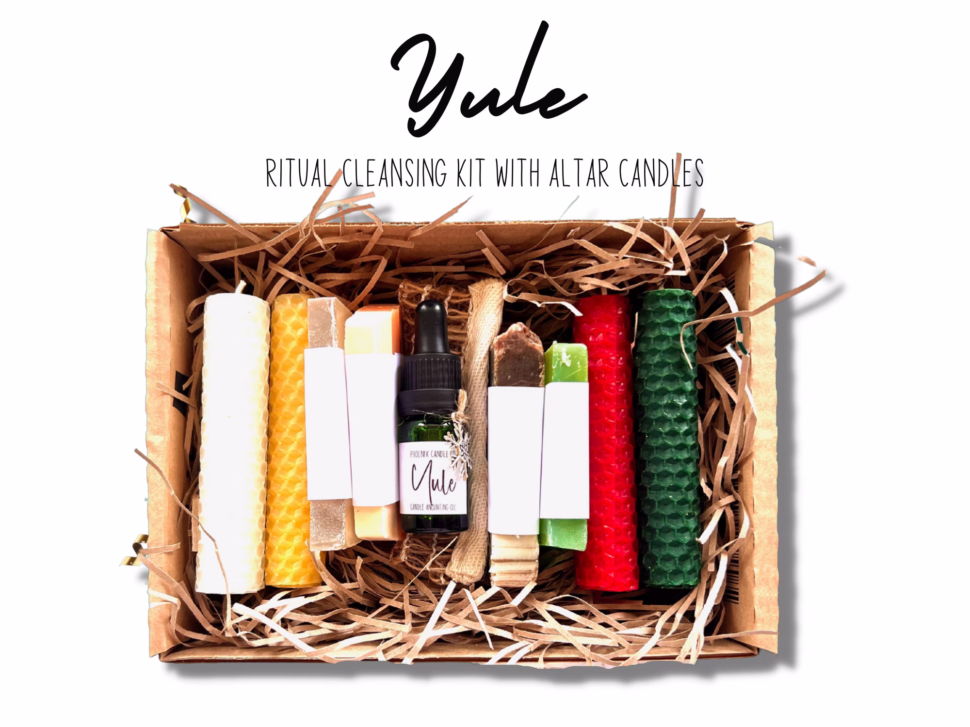 Yule | Ritual Altar Kit 4 Candles Soaps A4 Guide Wheel Of The Year Unscented Hand-Rolled Burn Time 160 Mins