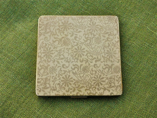 Vintage 1950S Square Powder Compact With Cream & Gold Enamel Birds, Butterflies & Flowers Design, For Loose With Original Puff