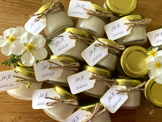60 Personalised Mini Candles With Tied Labels, Wedding Favours, Baby Shower Hen Party Personalised Candles, Favours