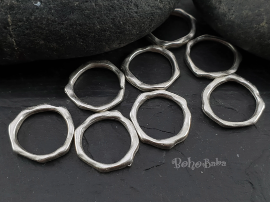 Silver Hoop Charms, Organic Ring, Circle Pendant, Loop Connector, Closed Antique Charm, Large 8 Pc