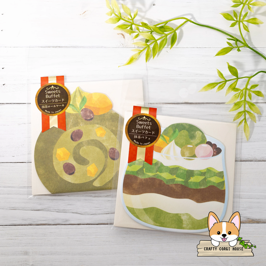 3 Cards Envelopes Set | Green Tea Matcha Desserts Card Roll Cake - Parfait Food Dessert Sweets Lover Saien Kamiiso