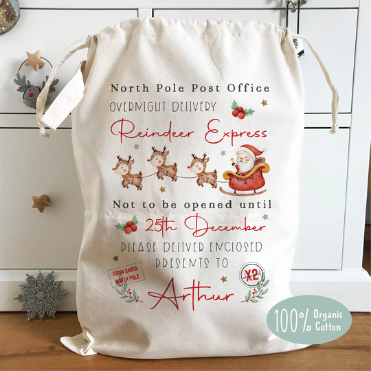 Personalised Christmas Sack, 100% Organic Natural Cotton, Xmas Gift, Gift, Santa Heavy Duty Linen, 46X60cm, 60X76cm