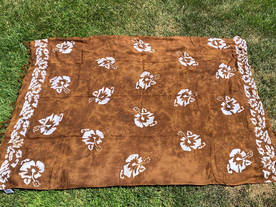 Hawaiian Brown & White Tie Dye Blend Hibiscus Wraparound Sarong Skirt