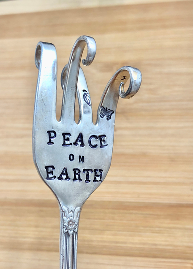Peace On Earth Hand Stamped Flower Pot Marker, Silver Plate Fork, Curled Plant Marker Sign, Butterfly Stamp
