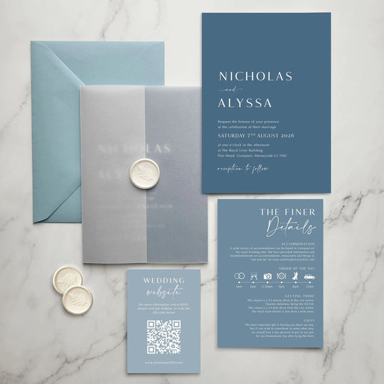 Wedding Invitation - Tonal Dusky Blue. Dusty Blue Invitation Set. Grey Powder Invitation. With Velum Wrap