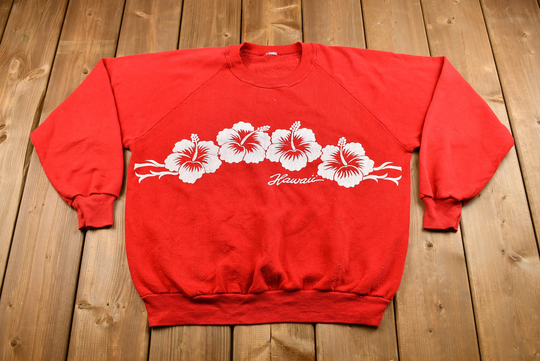 Vintage Late 1980S Hawaiian Hibiscus Graphic Raglan Crewneck Sweatshirt/Hawaii Souvenir /Athleisure Streetwear Travel & Tourism