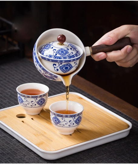 Portable Travel Kung Fu Teapot & Cup Set | Filter Creative Ceramic Automatic Spinning Tea Ware Kettles With Tray Bag