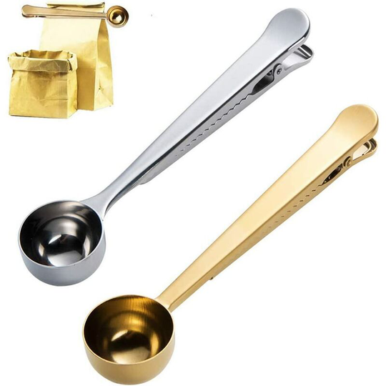 Pack Coffee Spoon with Bag Clip, 2 in 1 Stainless Steel Measuring Spoon for Ground Coffee and Milk Powder (Silver+Gold)