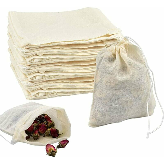50PCS Cotton Filter Bags 10*8cm Reusable Cloth Bag Burlap Bag Twitching Rope Design for Tea Infuser Spice Braising Decoded Soup Filtering
