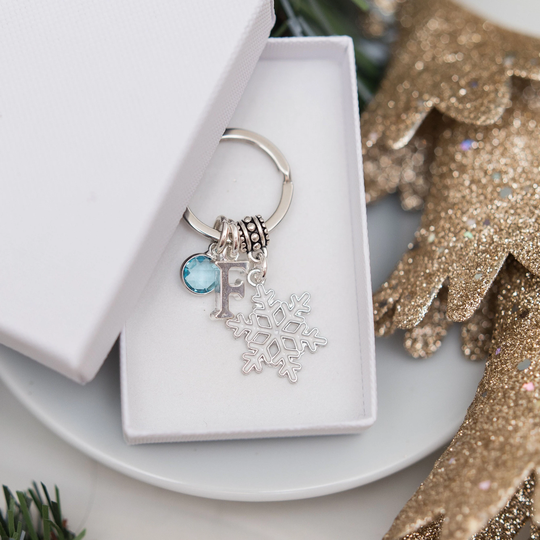 Snowflake Keyring, Christmas Keychain, Holiday Season, Personalised Gifts, Birthstone Initial, Frozen Ice Winter Charms