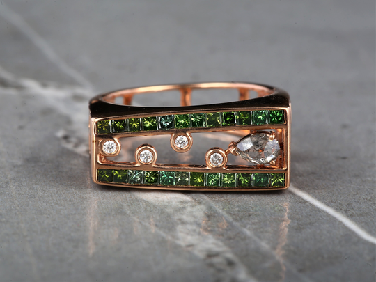 Salt & Pepper Diamond Ring Princess Engagement 14K Gold Band Fancy Green Color Gift For Her
