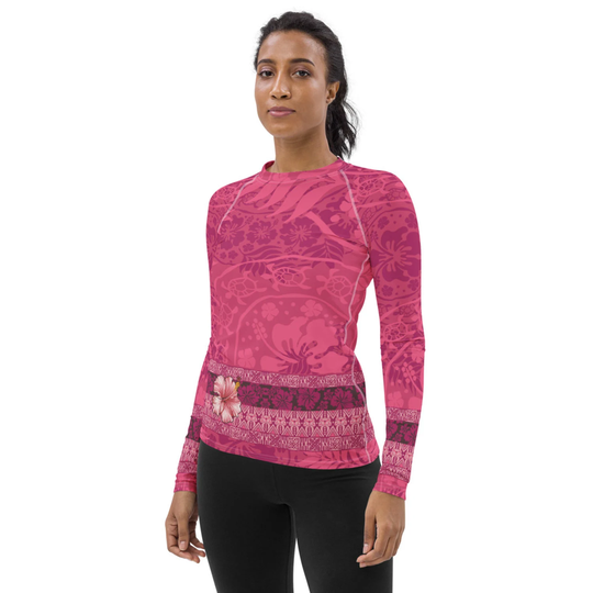 Pink Hawaiian Rash Guard For Women Sun Protection Long Sleeve Swim Shirt W Hawaii Hibiscus Floral Surfing, Swimming, Paddleboarding