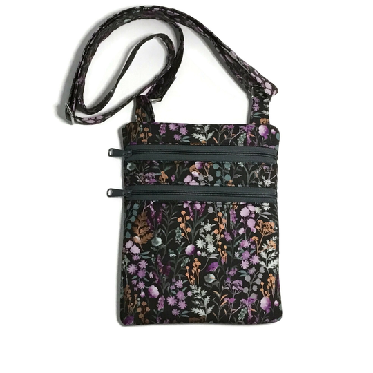 Small Zipper Bag - Crossbody Lightweight- Floral Black Purple Christmas Gift For Women, Mom, Teen Or Tween Girls Stocking Stuffer