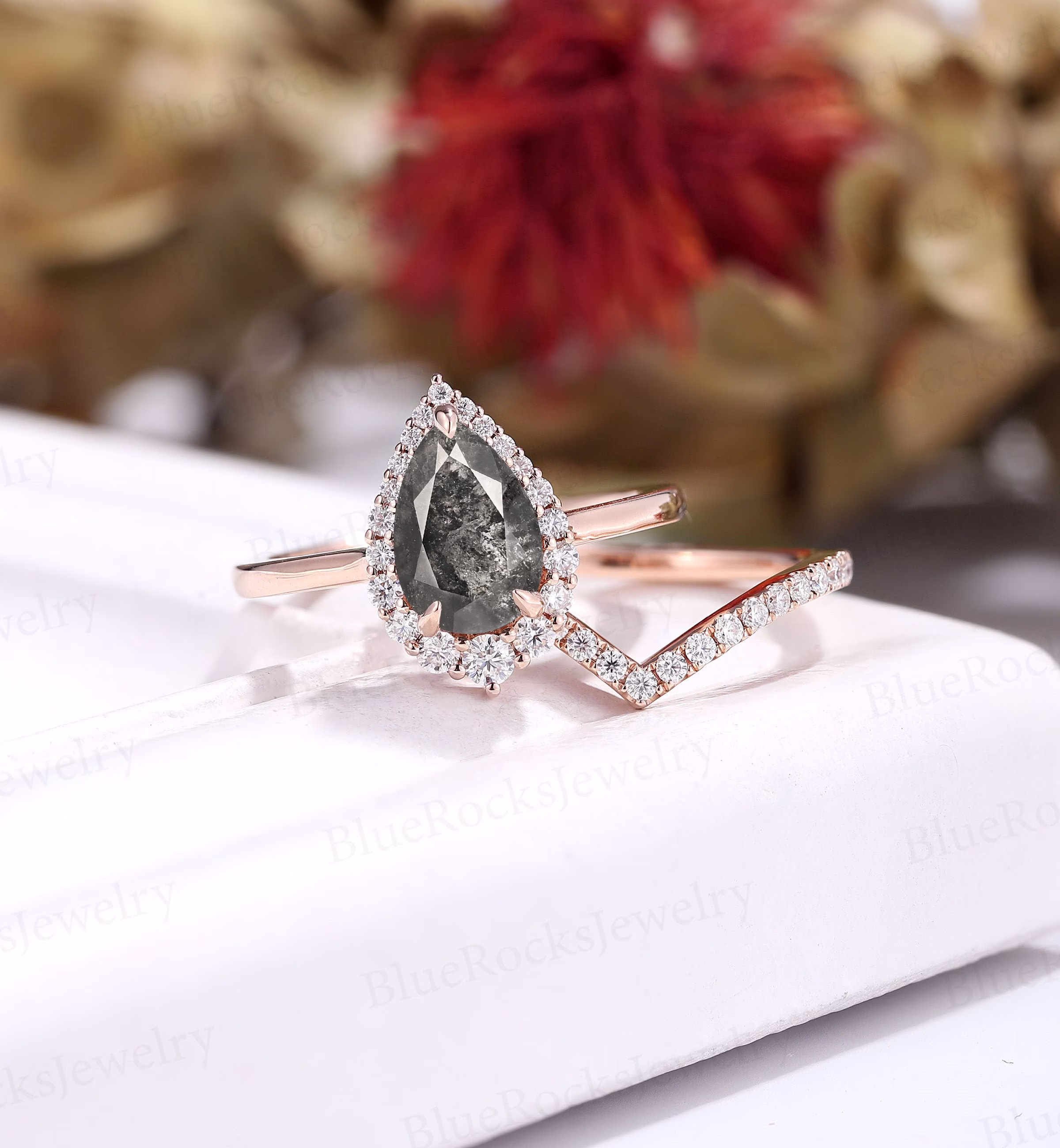 Vintage Salt & Pepper Diamond Engagement Ring Set, Pear Shaped Ring, Art Deco Wedding Rose Gold Moissanite Bridal Set Promise Ring