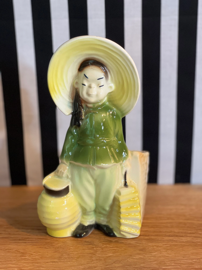 Royal Copley, Asian Boy Planter, Green & Yellow, Signed On Bottom