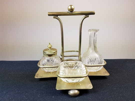 Vintage Clear Cut Glass Cruet Set in Silver Plated Stand Art Deco 1920's Original With Mustard Or Pepper Pot Salt Cellar & Vinegar Bottle