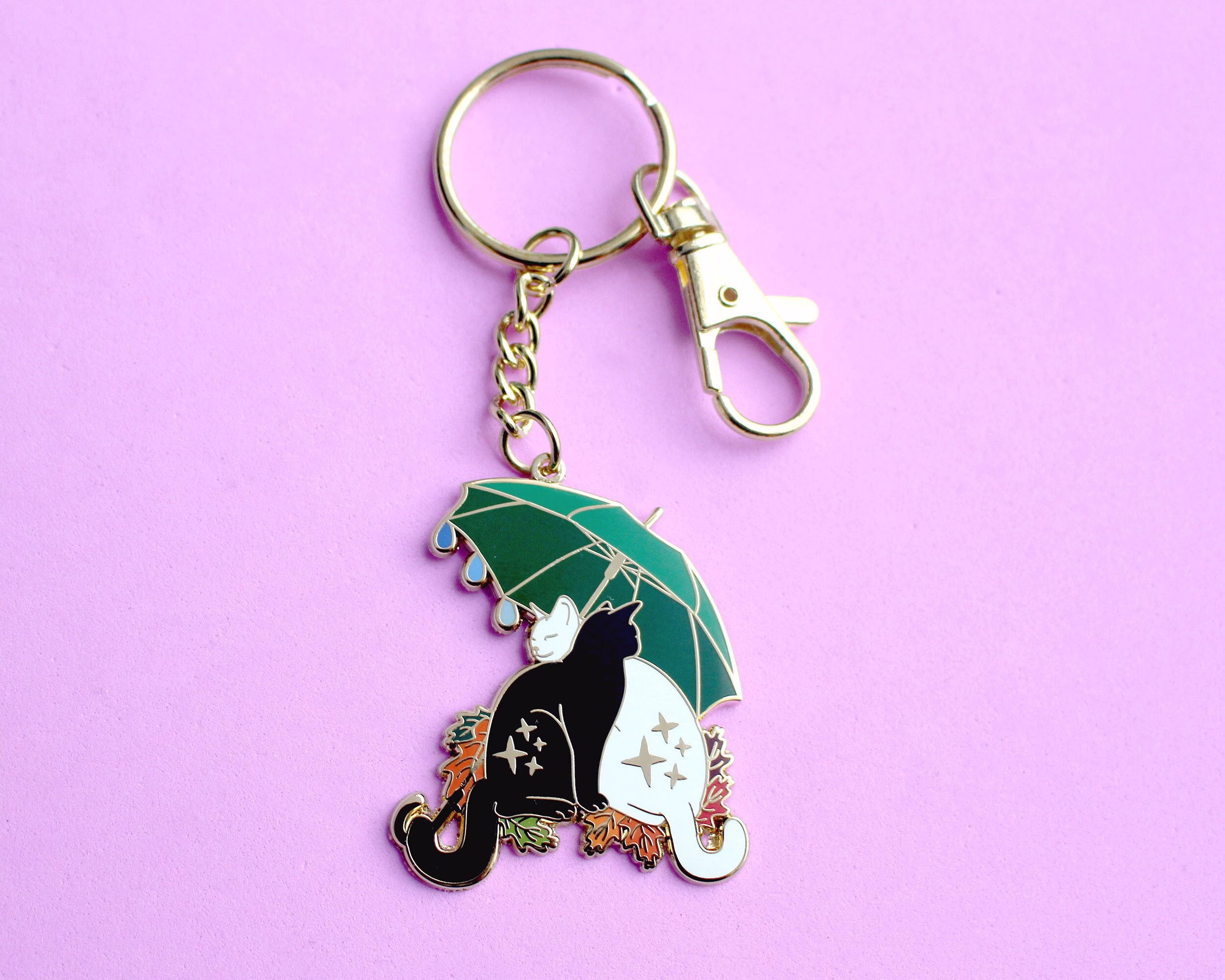 Umbrella Cats Key Chain Autumn Key Fall Cat Keychain Hugging Cats Seasonal Black White Cat