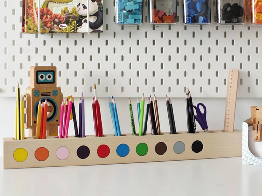 Montessori Wood Pencil Holder, Crayon Color Sorting, Adult Coloring Desc Organizer, Artist Organizer