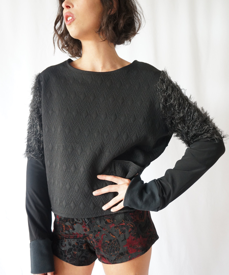 Black Woman Top Made With 3 Different Fabrics, Small Size Black A Pocket No Season, On Sale Furry Details Handmade
