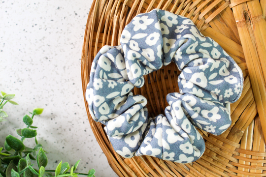 Blue Flower Field Organic Scrunchie/Cotton Knit Handmade Hair Accessory Tie Soft Fabric Style