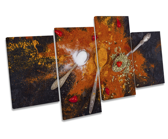 Kitchen Spices Spoons Orange Canvas Wall Art Four Panel Print
