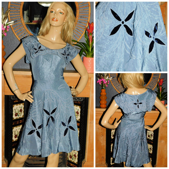Vintage 40S 50S Powder Blue Navy Velvet Trim Braided Floral Tea Dress 12 M 1940S 1950S Shawl Collar Ornate