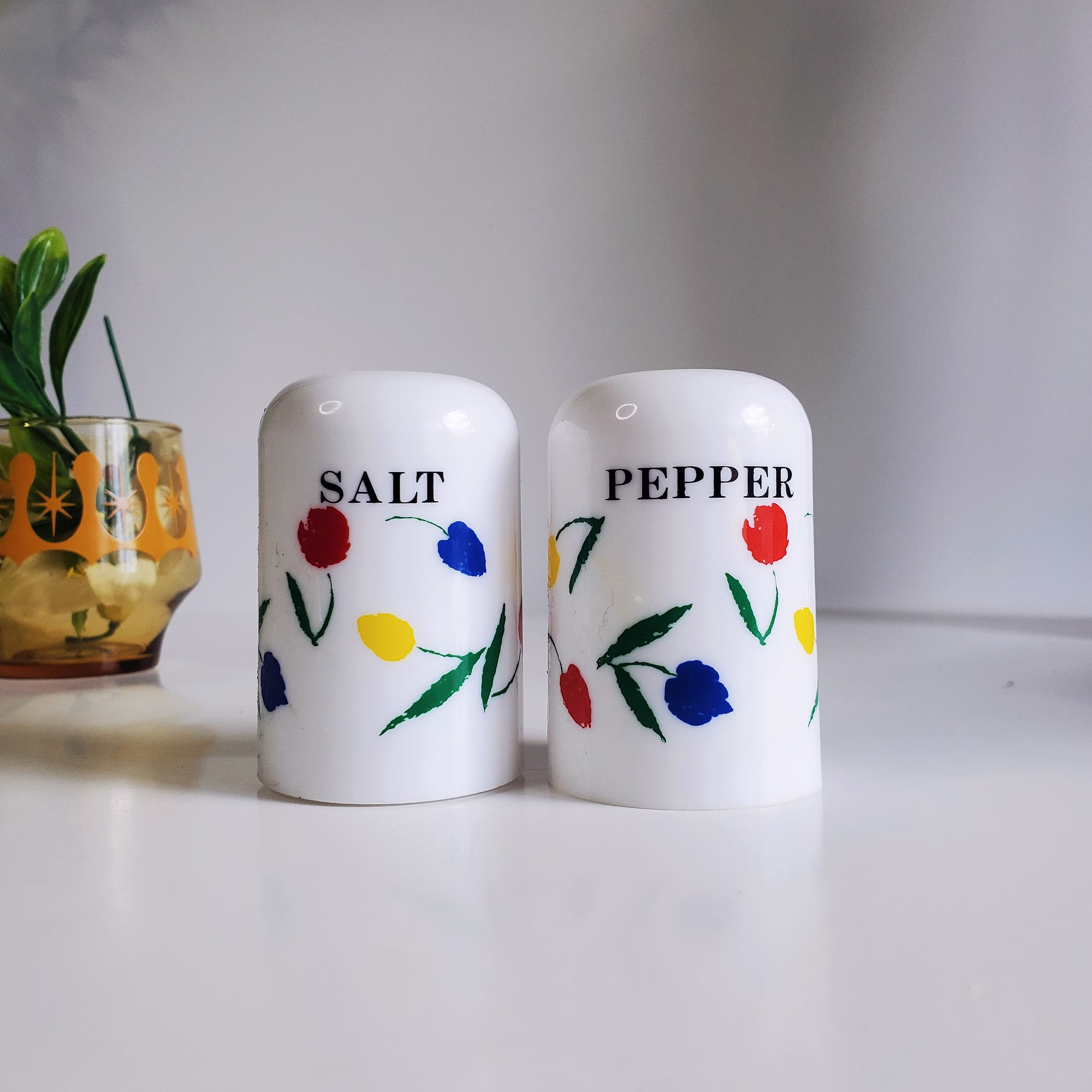 Vintage Plastic Salt & Pepper Shakers With Flower Pattern, Primary Colours