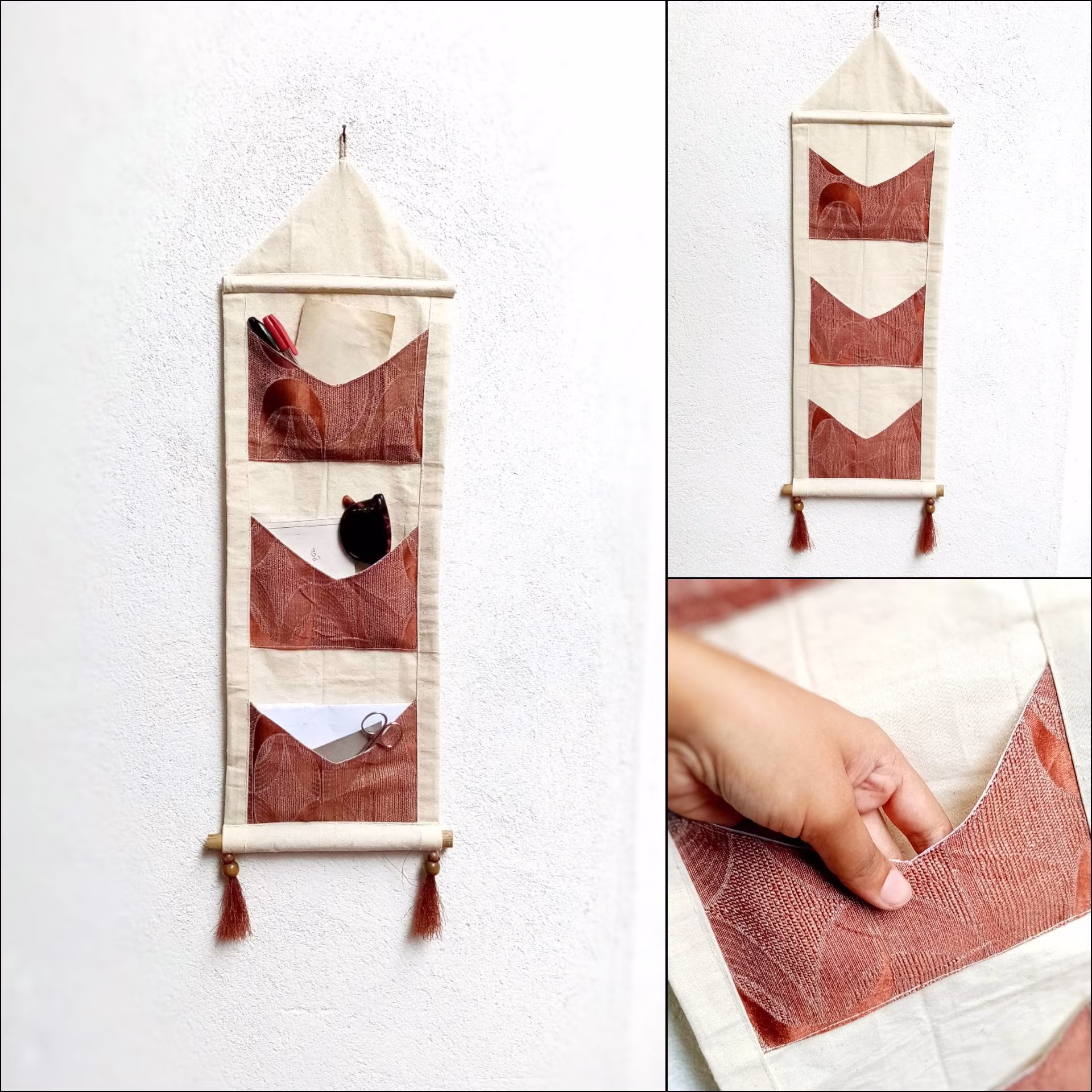 Mail Organizer Fabric Entry Way Three Wall Pockets Office Art Mails & Bills Letter Storage Hanging