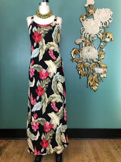 1990S Maxi Dress, Hawaiian Print Vintage 90S Resort Wear, Black Floral Print, Sleeveless Sheath, Medium, 1940S Tiki, 27